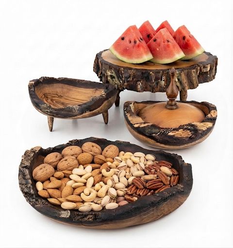 ظرف خراطی شده چوبی با لبه پوستی